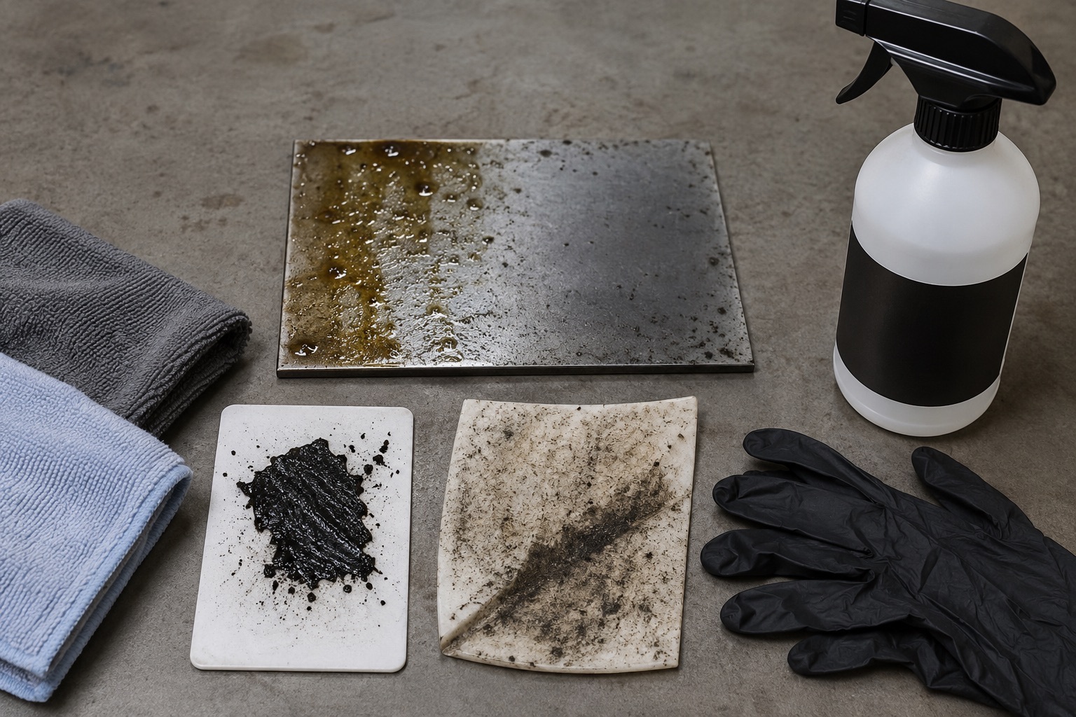 Oil, grease, tar residue, cloths, and blank-label heavy duty degreaser products shown as controlled workshop cleaning examples