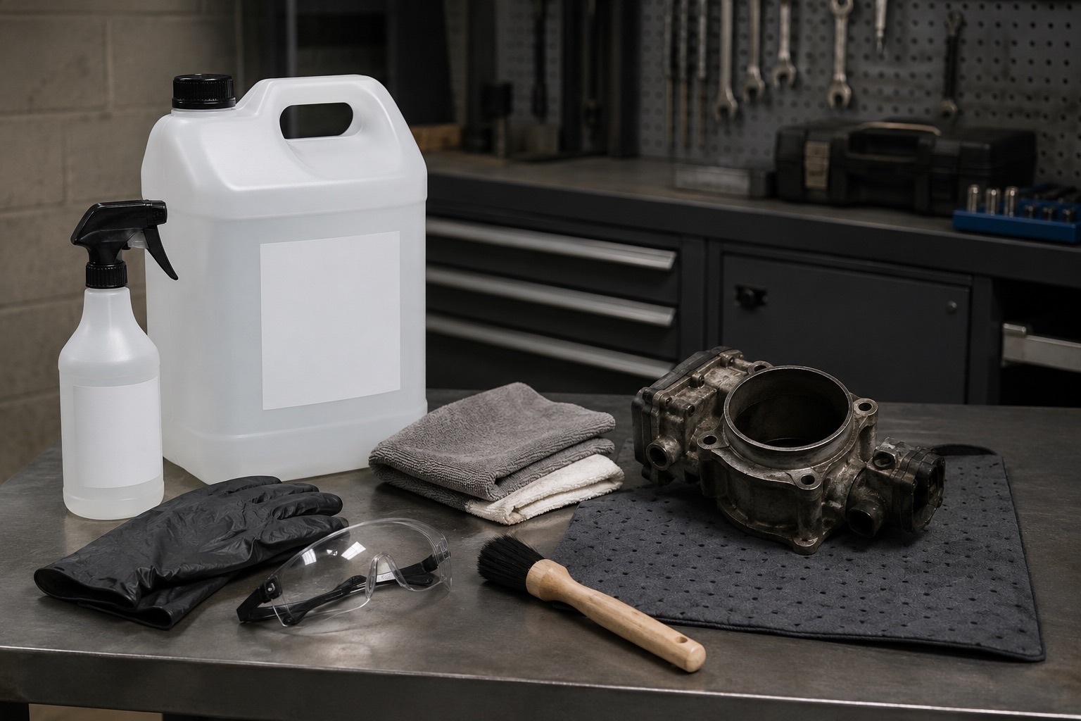 Workshop degreaser setup with blank-label container, gloves, cloths, brush, and removed metal part on an absorbent mat