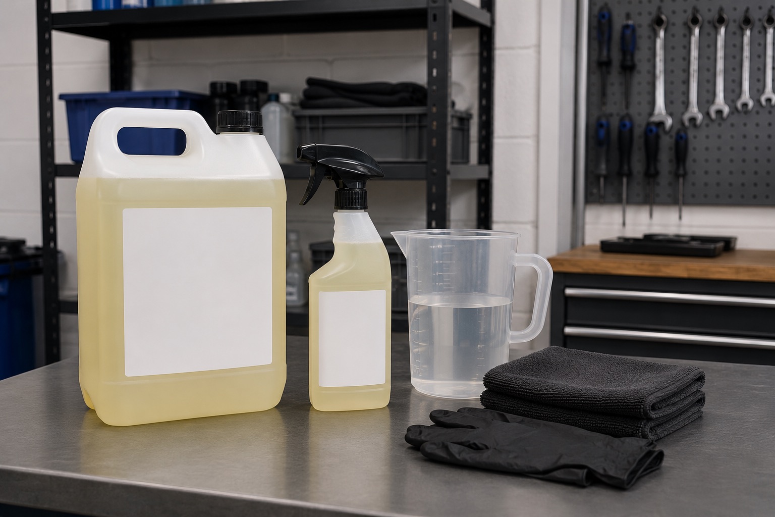 Large blank-label degreaser container, refill bottle, measuring jug, gloves, and cloths arranged for workshop cleaning