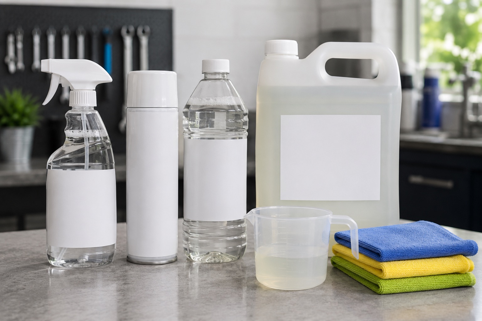 Degreaser spray, liquid bottle, concentrate container, measuring jug, and microfibre cloths arranged on a bench