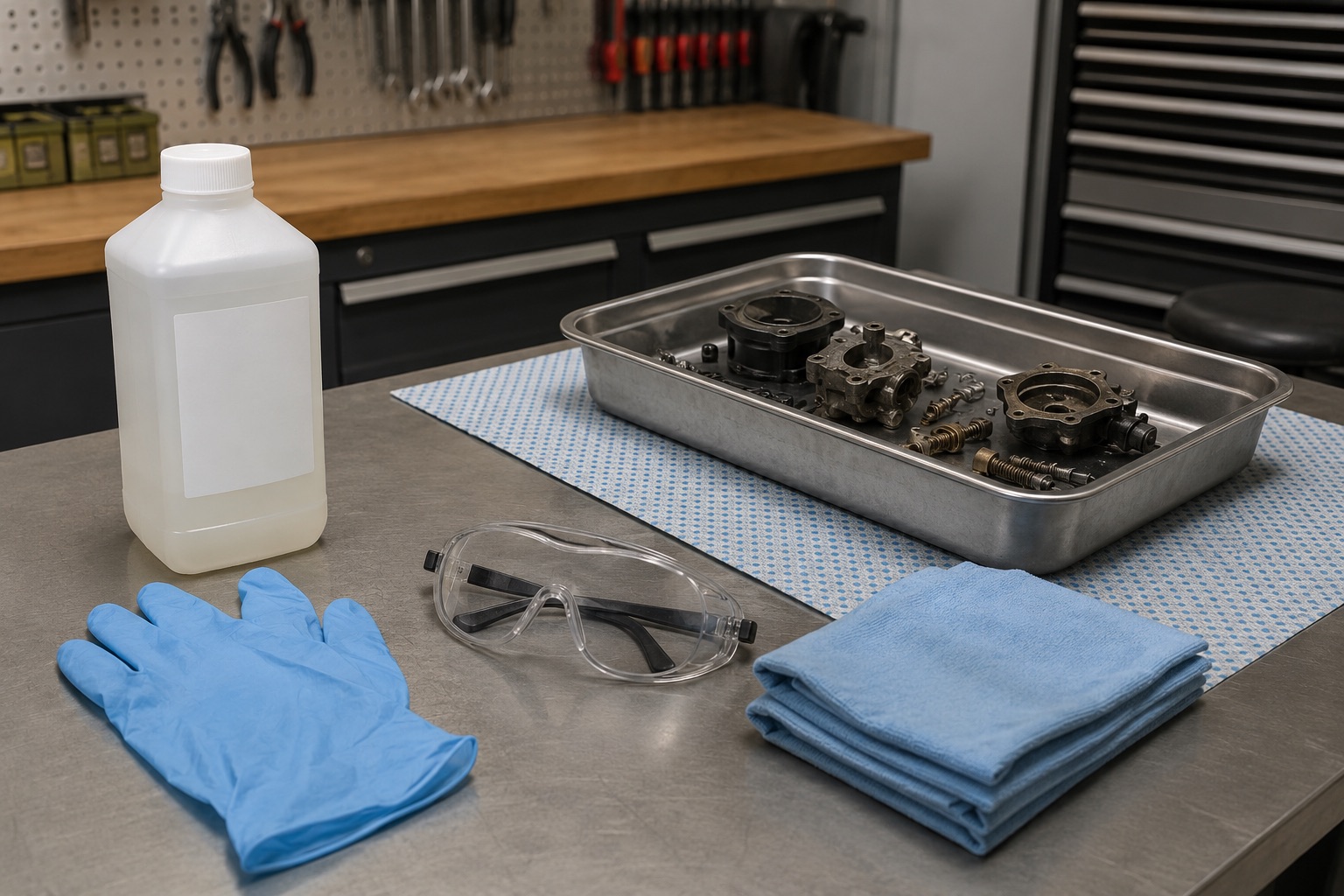 Workshop degreaser setup with blank-label bottle, gloves, safety glasses, cloths, and removed metal parts on a clean tray