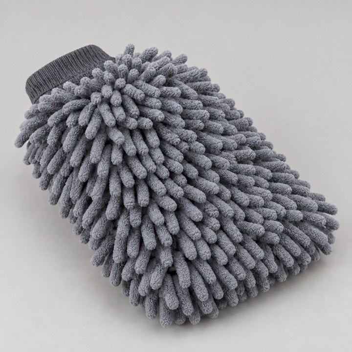 Close-up of a generic chenille car wash mitt showing soft tufted strands