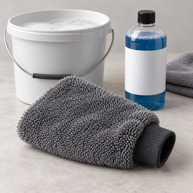 Generic unbranded car wash mitt resting beside a bucket and shampoo bottle on a clean workshop bench