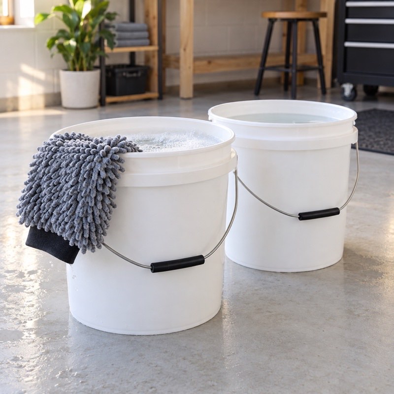 Two wash buckets with a clean wash mitt resting on the rim, ready for a contact car wash
