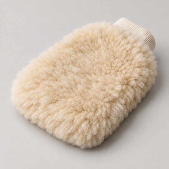 Close-up of a generic wool car wash mitt showing deep soft fibres