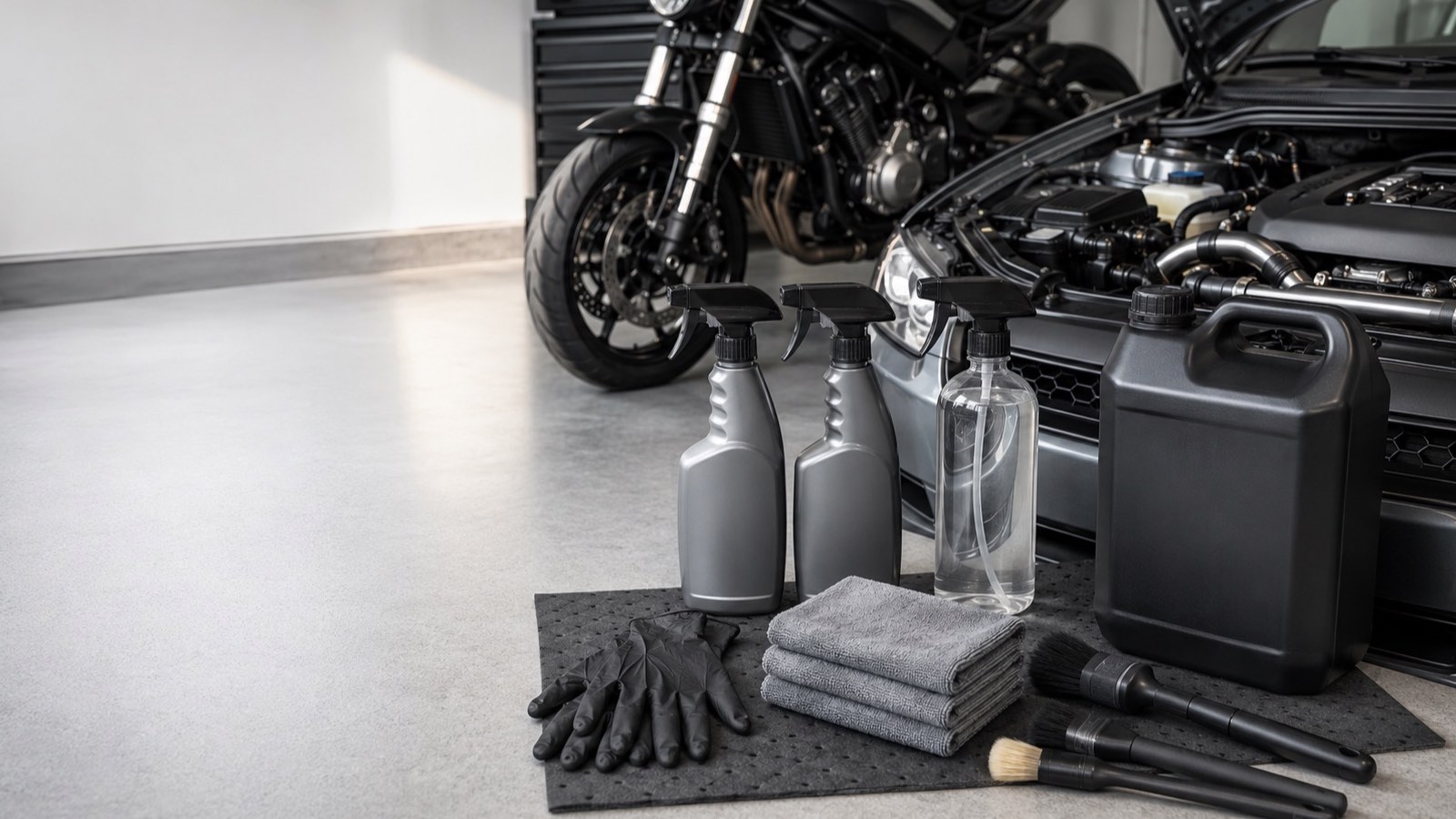 Engine care products, degreaser bottles, cloths, gloves, and brushes arranged beside a clean car engine bay and motorbike engine