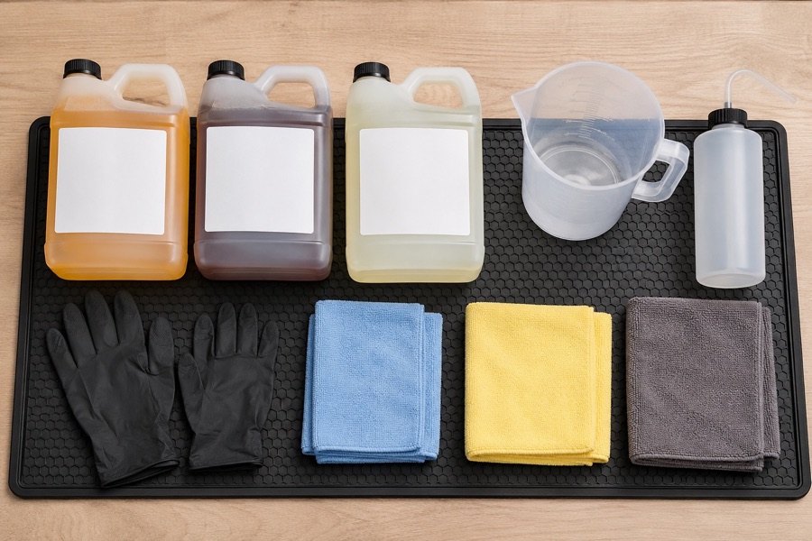 Concentrated engine degreaser bottles, measuring jug, gloves, and cloths arranged for workshop cleaning
