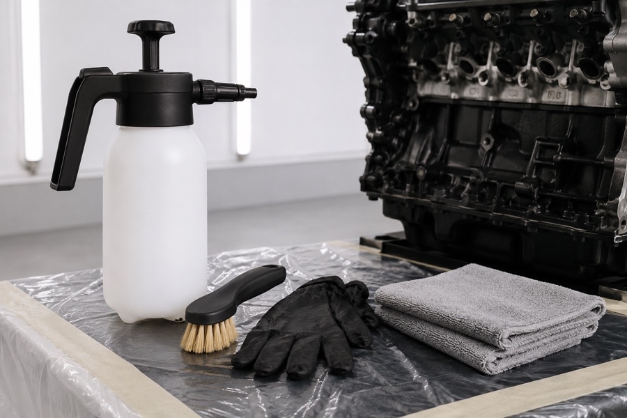 Foam-format engine cleaner bottle, gloves, brush, and protected test surface in a clean workshop
