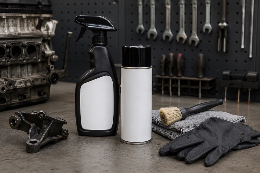 Engine cleaner spray and aerosol products with detailing brush and cloth for controlled application