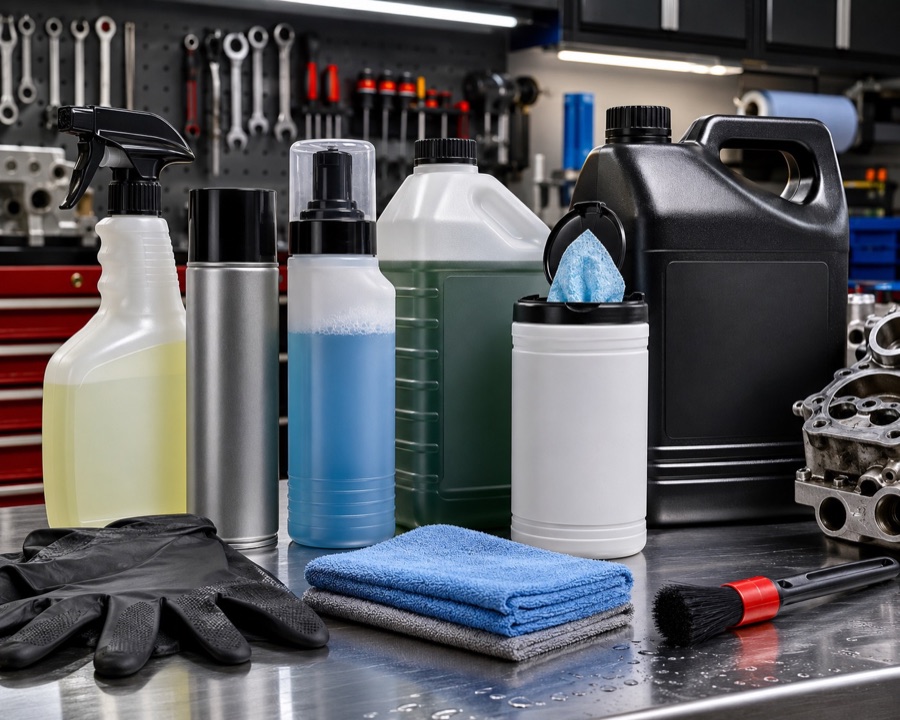Engine cleaner and degreaser products grouped by spray, concentrate, foam, panel wipe, and parts washer fluid on a workshop bench
