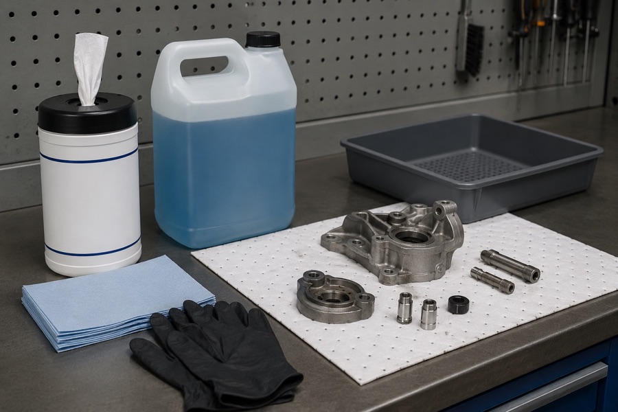 Panel wipe bottle and parts washer fluid container beside cloths, gloves, and removed metal parts on a workshop bench