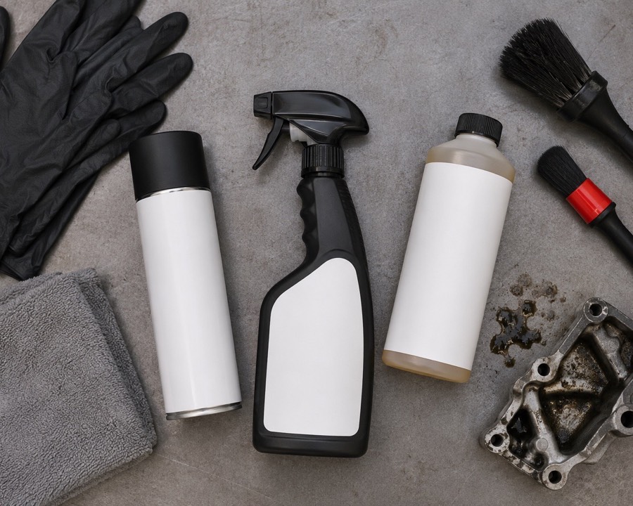 Engine cleaner and degreaser sprays, concentrate bottle, gloves, cloths, and detailing brushes arranged on a workshop bench