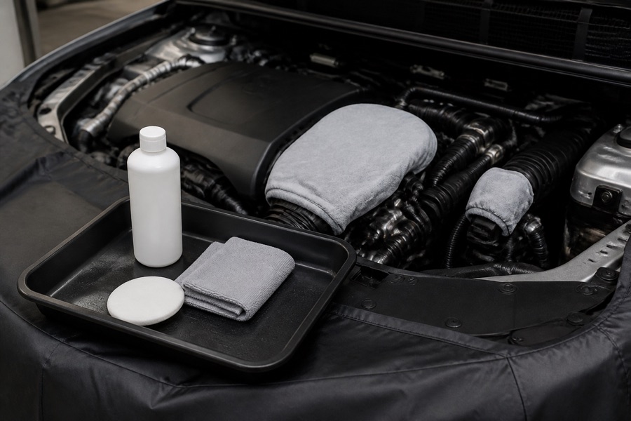 Engine dressing applied to a cloth before being spread carefully over plastic trim