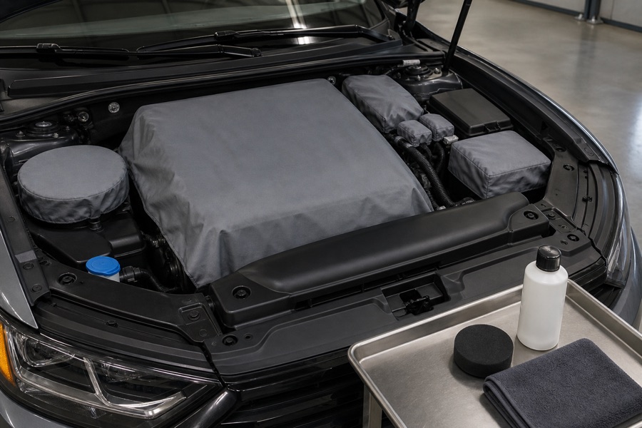Engine bay preparation with belts, pulleys, electrical connectors and air intake kept free of dressing