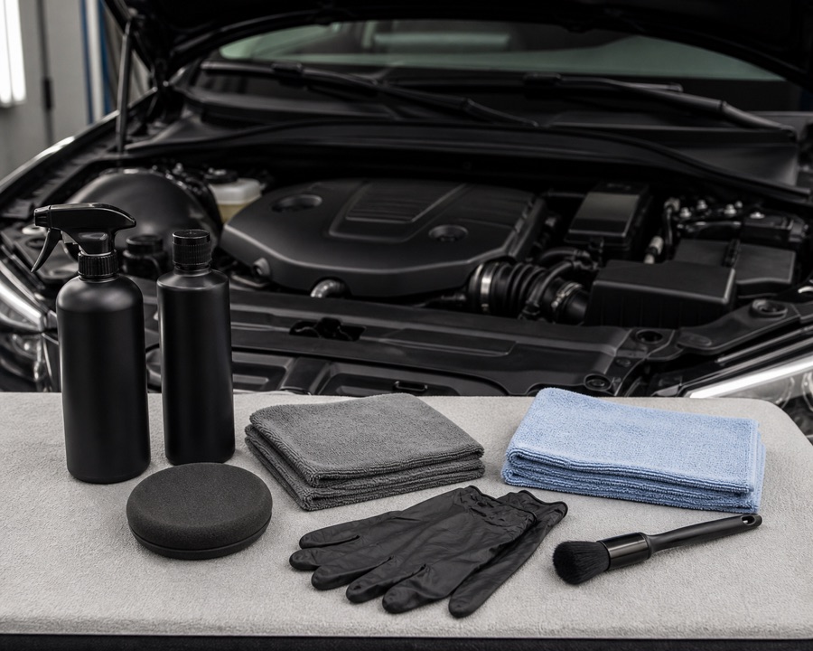 Clean engine bay with plastic and rubber trim prepared for a controlled dressing application
