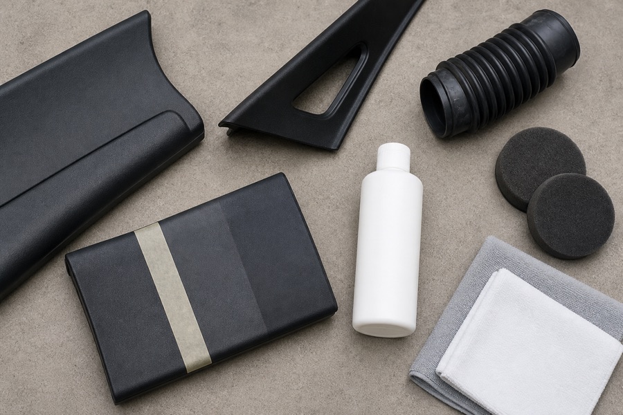 Comparison of natural and satin finish on clean engine-bay plastic and rubber trim