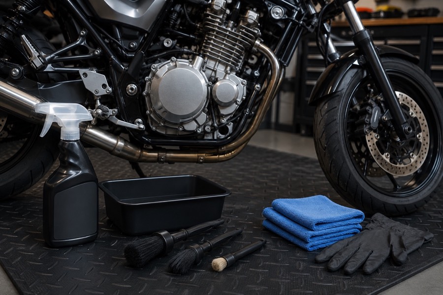 Motorbike engine cleaning setup with blank-label degreaser, small brushes, gloves, cloths, and protected workshop floor