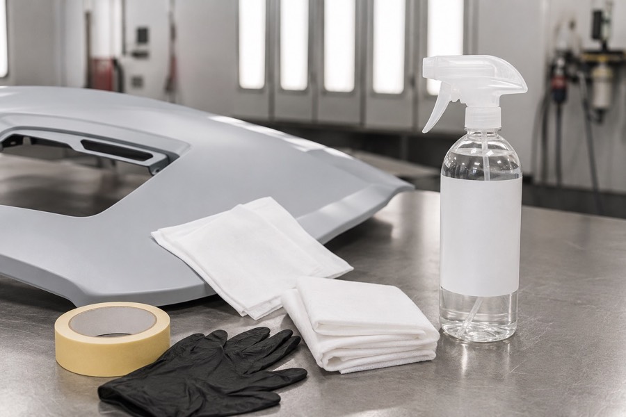 Panel wipe and pre-paint degreaser bottle with cloths and clean automotive panel on a bodyshop bench