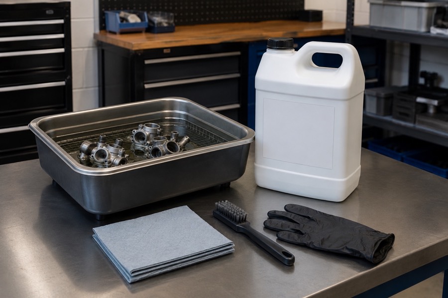 Parts washer fluid, removed metal parts, gloves, brush, and absorbent cloths arranged on a clean workshop bench