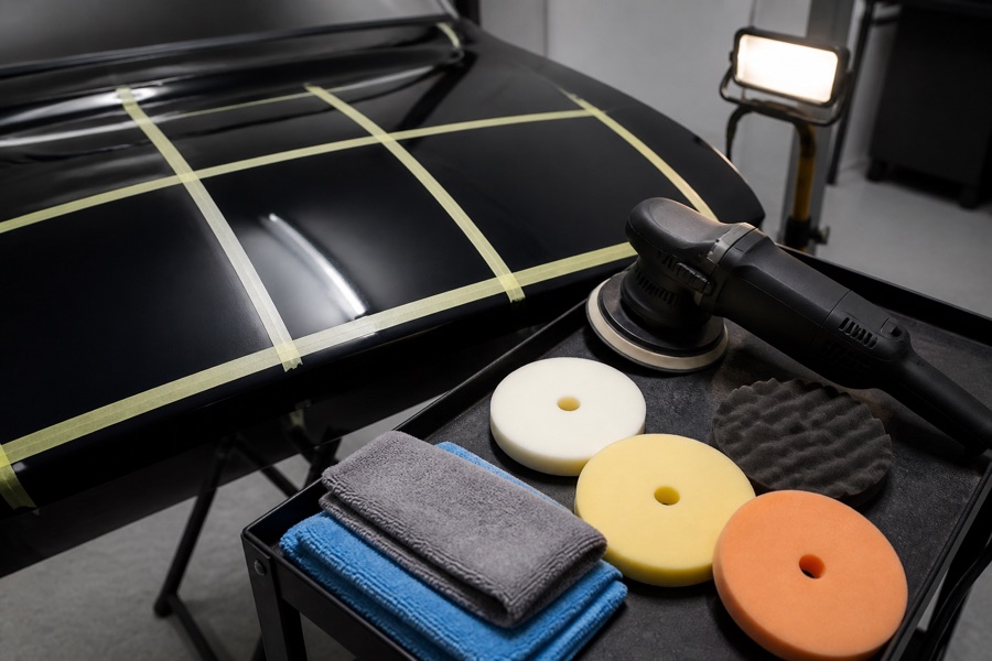 Clean automotive test panel with masking tape, inspection light, foam pads and switched-off polisher prepared for a small polishing test