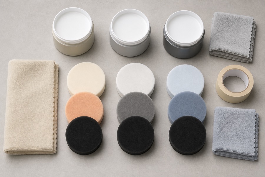Three-stage car paint workflow showing compound, polish and protective wax as separate steps
