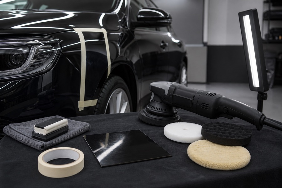 Car panel prepared for hand and dual-action machine polishing with clean pads and masking tape