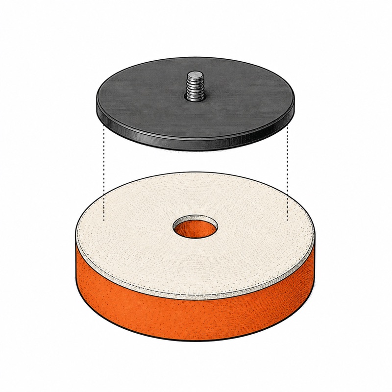 Illustration of a smaller backing plate aligned above a wider foam polishing pad