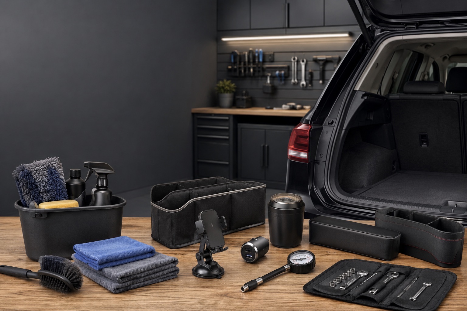A broad selection of practical automotive accessories in a clean garage
