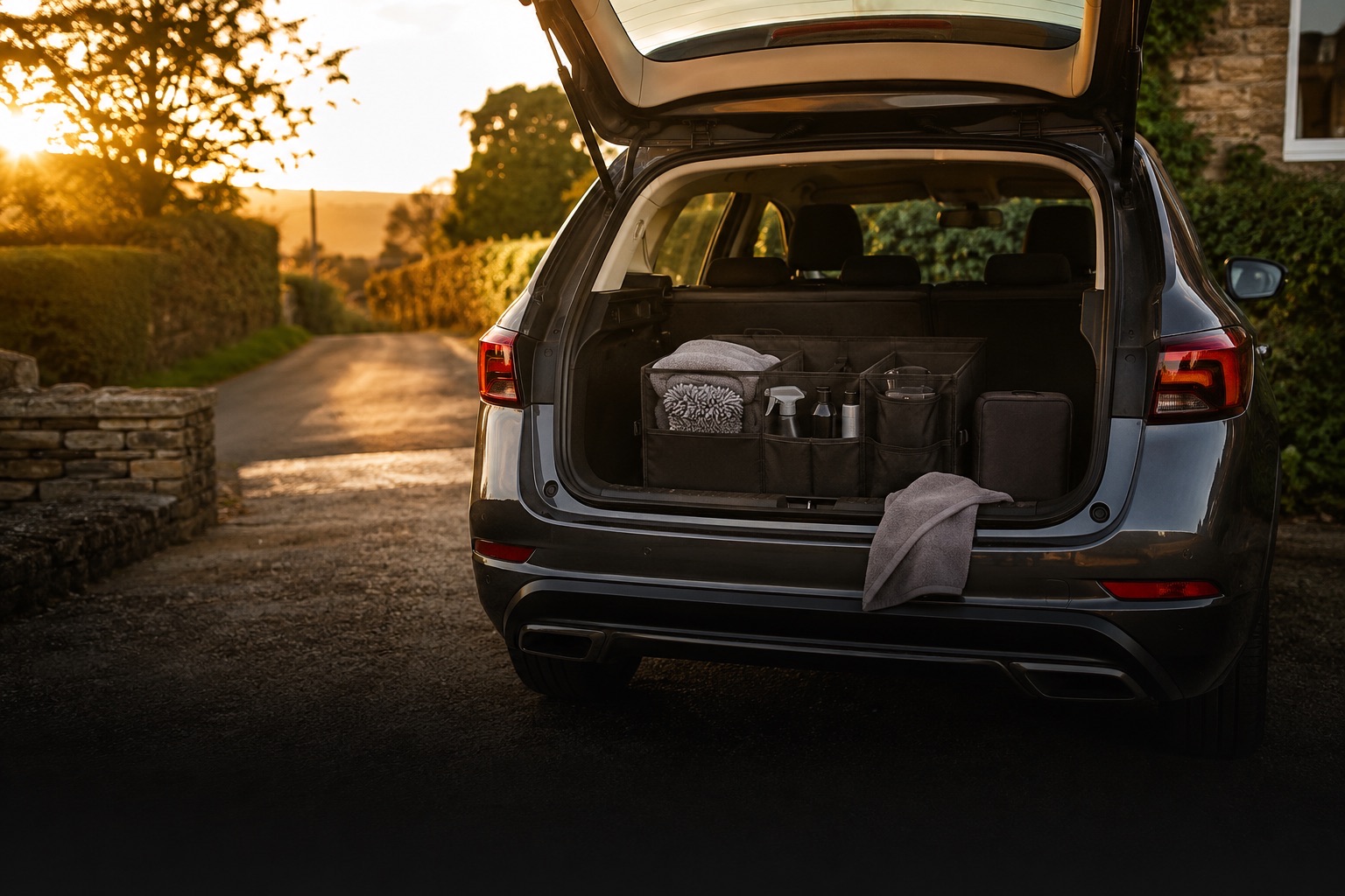 Everyday car with organised boot and practical travel accessories at golden hour