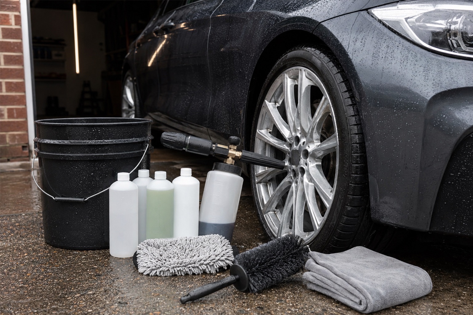 Unbranded car detailing products arranged beside a clean car wheel