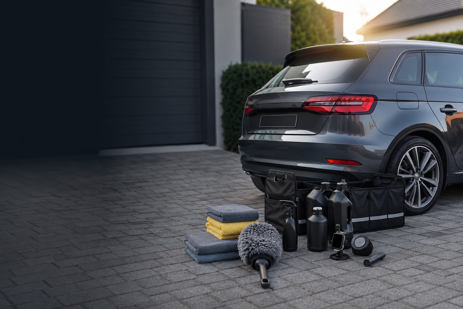 Clean car with practical car care and driving accessories arranged on a driveway