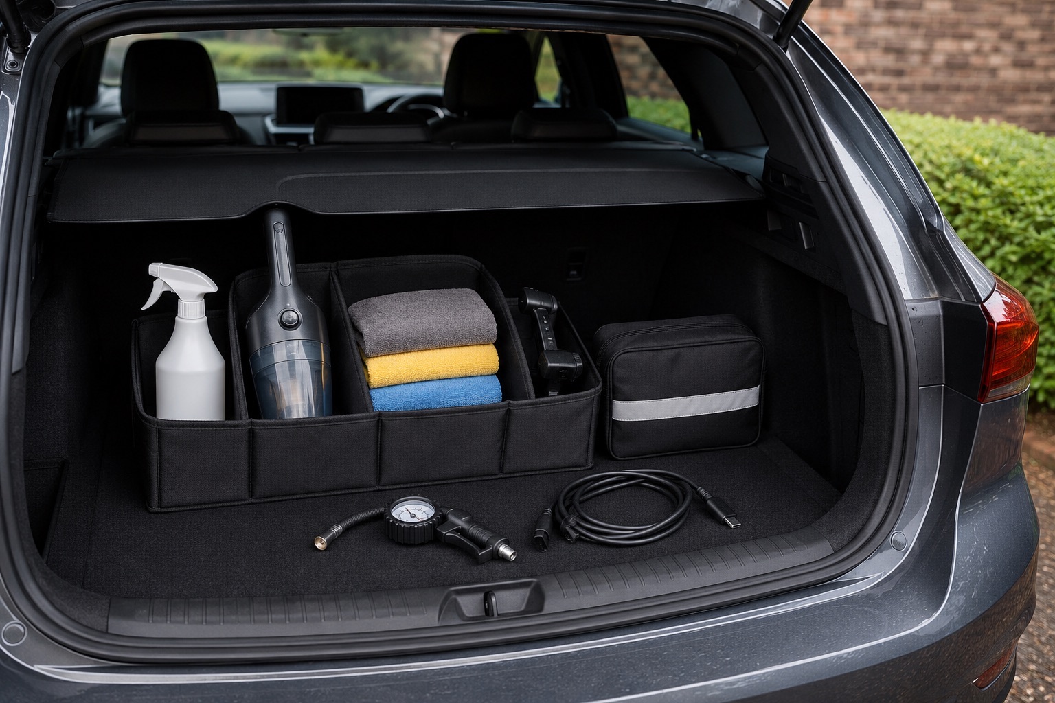 Car accessories organised in the open boot of a clean car