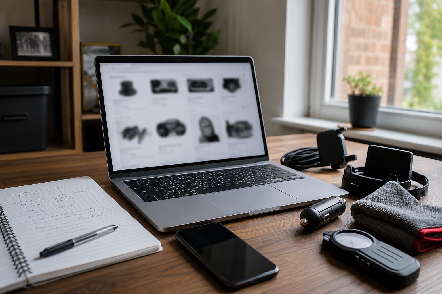 Automotive product research desk with laptop, notebook and unbranded accessories