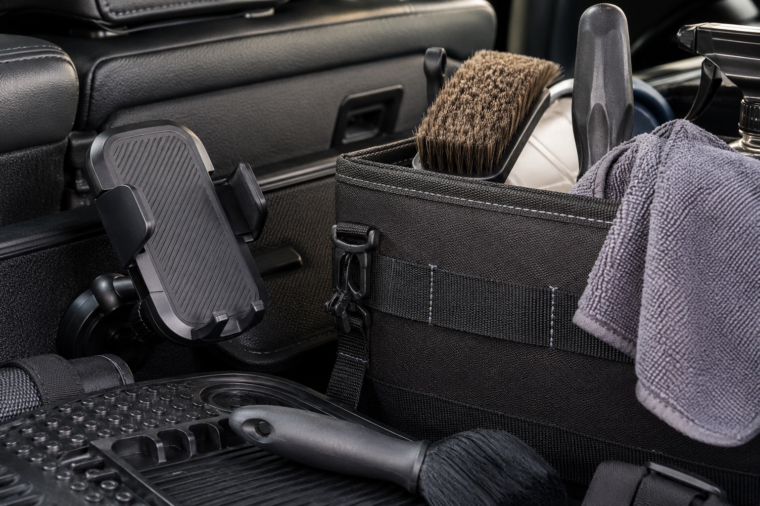 Close detail of car accessory materials including a phone holder, brush and organiser