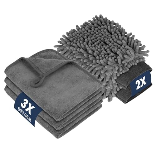flintronic Grey 5-Piece Car Washing Kit with 600GSM Microfibre Towels and Gloves — image 1