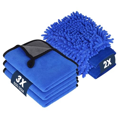 flintronic Blue 5-Piece Car Washing Kit with 600GSM Microfibre Cloths and Wash Mitts — image 1
