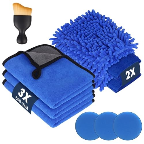flintronic 9-Piece Blue Car Cleaning Kit with 600GSM Microfibre Cloths, Mitts, Brush and Sponge Pads — image 1