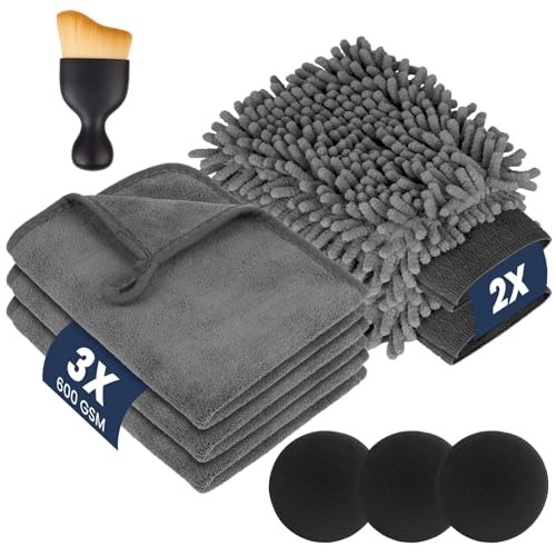 flintronic Grey 9-Piece Car Cleaning Kit with 600GSM Microfibre Cloths and Mitts — image 1