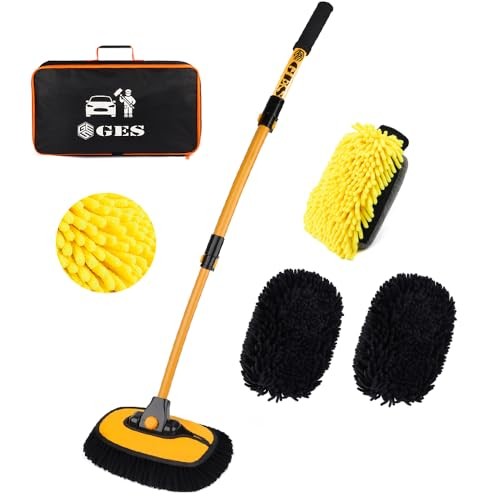 GES 43" Curved Car Wash Brush with Extendable Handle, Black and Yellow — image 1