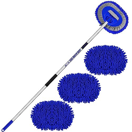 Harazaqa 63-inch car wash brush with long handle, 3 chenille microfibre mop heads, 4-section aluminium handle and 2-in-1 mop mitt for cars, vans, caravans, trucks and motorhomes — image 1