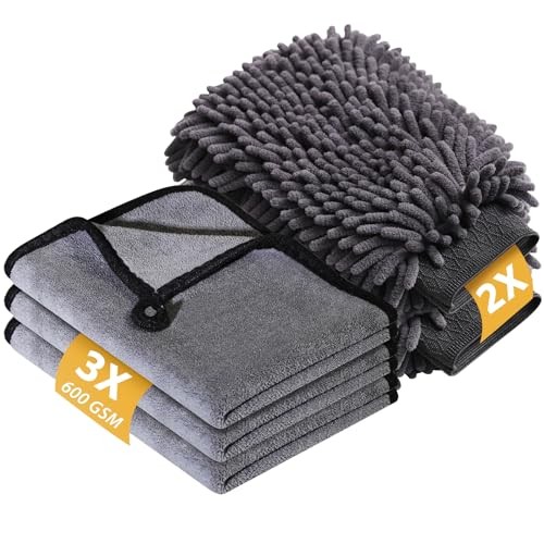KEYAYE Large Car Washing Kit, 3 Microfibre Cloths and 2 Wash Mitts, 600GSM, 40 x 30cm — image 1