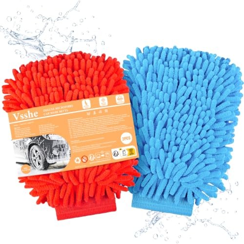 vsshe Microfibre Car Wash Mitts, 2-Pack, Light Blue and Red — image 1